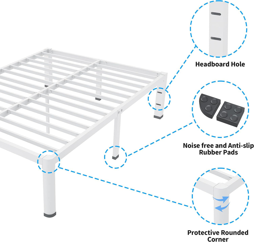 ROIL 18 Inch White King Size Bed Frame with Rounded Corner and Headboard Hole Mattress Retainers 3500LBS Heavy Duty Steel Slats No Box Spring Needed Platform Noise-Free Easy Assembly