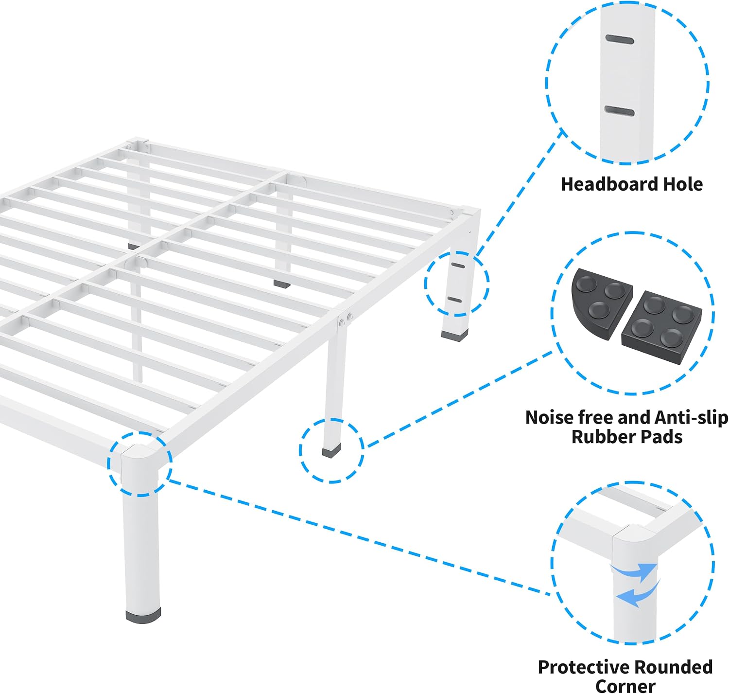 ROIL 18 Inch White California King Bed Frame with Rounded Corner and Headboard Hole Mattress Retainers 3500LBS Heavy Duty Steel Slats No Box Spring Needed Platform Noise-Free Easy Assembly