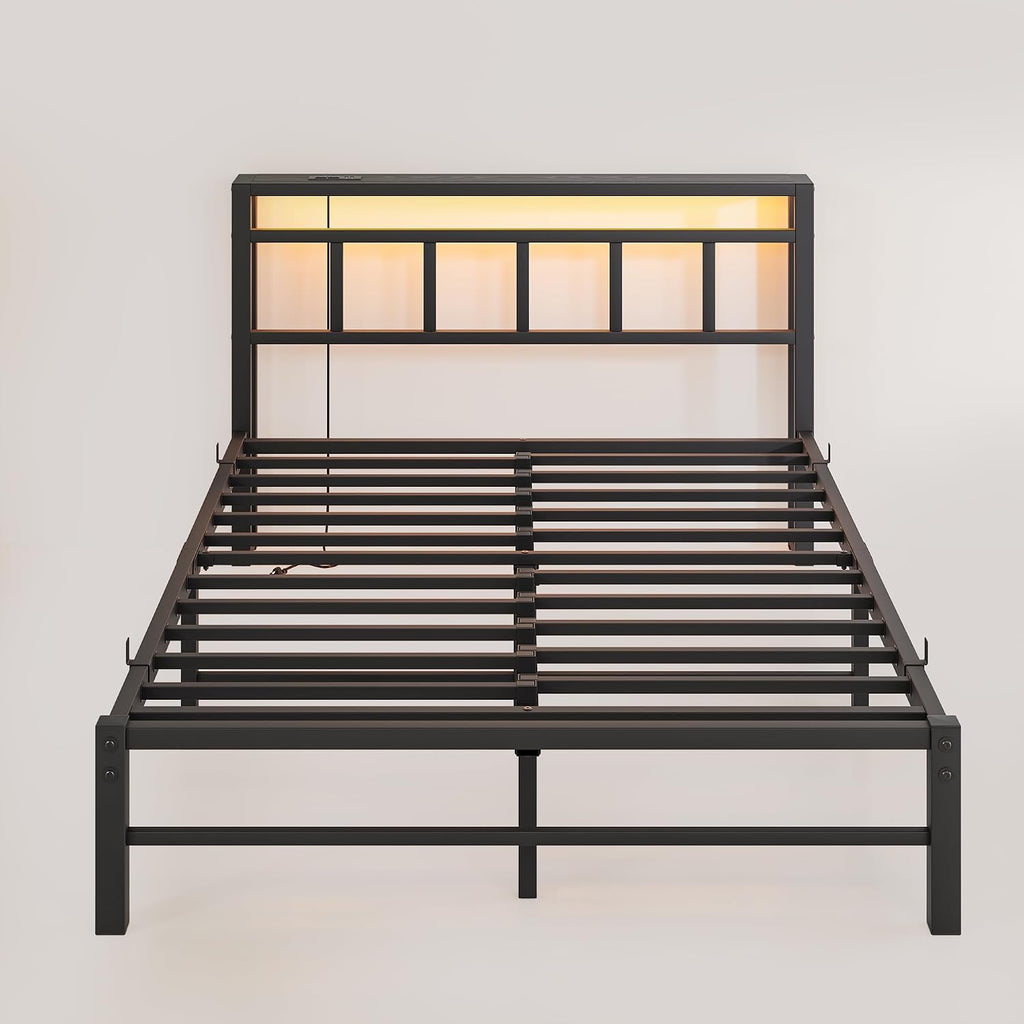 Full Size Bed Frame with Headboard,LED Light and Charging Station with Wood Shelves,Metal Platform Bed with Heavy Duty Slats Support,No Box Spring Needed,Easy Assembly,Noise Free,Black