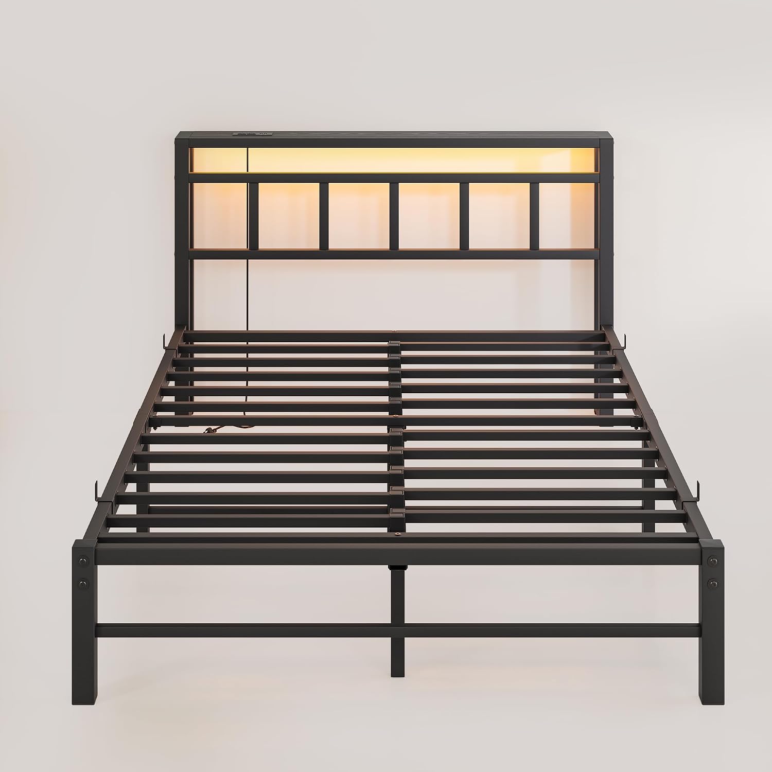 Full Size Bed Frame with Headboard,LED Light and Charging Station with Wood Shelves,Metal Platform Bed with Heavy Duty Slats Support,No Box Spring Needed,Easy Assembly,Noise Free,Black