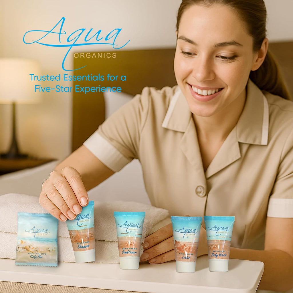 Terra Pure Aqua Organics Hotel Soaps & Toiletries Bulk Set | 1-Shoppe Amenities Kit | 1oz Shampoo & Conditioner, Body Wash, Lotion, 1oz Bar Soap | Travel Size | 150 Pieces