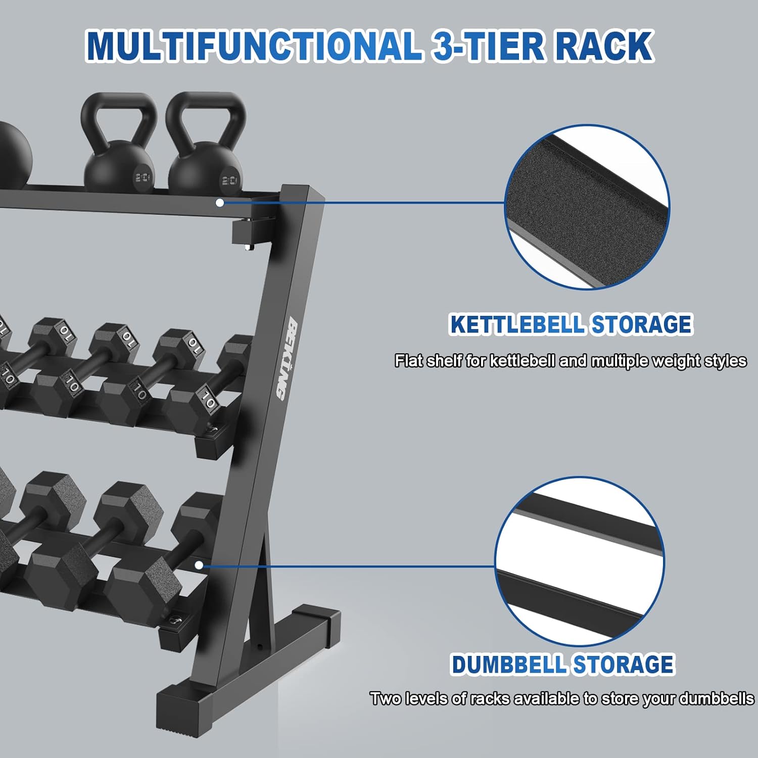 BEKING 3 Tier Dumbbell Rack,1000LB Capacity Weight Storage Rack for Home Gym Fitness,Multifunctional Free Weight Organizer Stand for Dumbbells, Kettlebells,Compact Design Save Floor Space