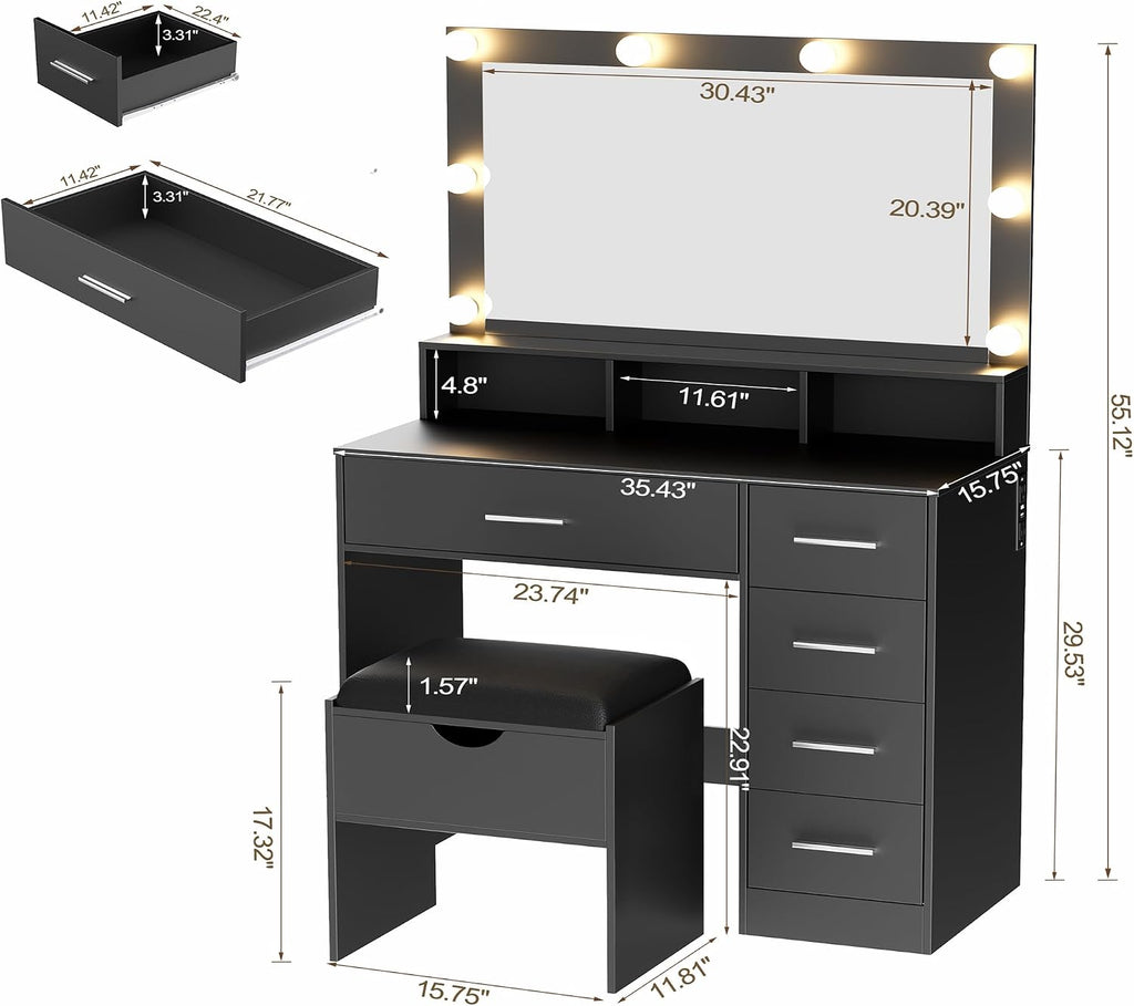 ERLEJIA Vanity Desk with Mirror and Lights, 35.43' Large Mirror Makeup Table with Stool, 5 Drawers Dressing Table for Girls and Ladies Bedroom, Black