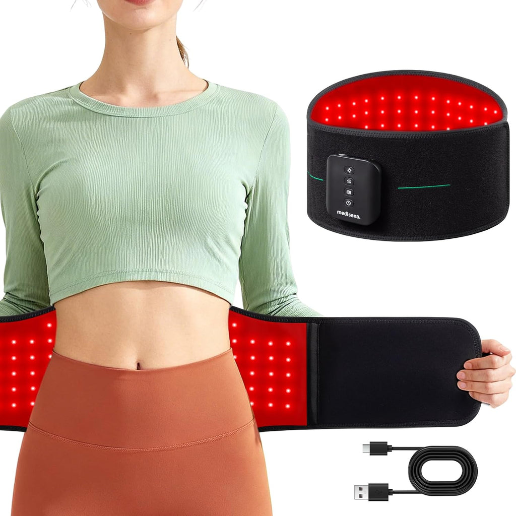 Medisana 3-in-1 Red Light Massager Belt, Heating Pad for Lower Back, Cordless Wearable Near Infrared & Red Light Therapy Belt Back Wrap with Adjustable Heat and Vibration for Lower Back Pain Relief