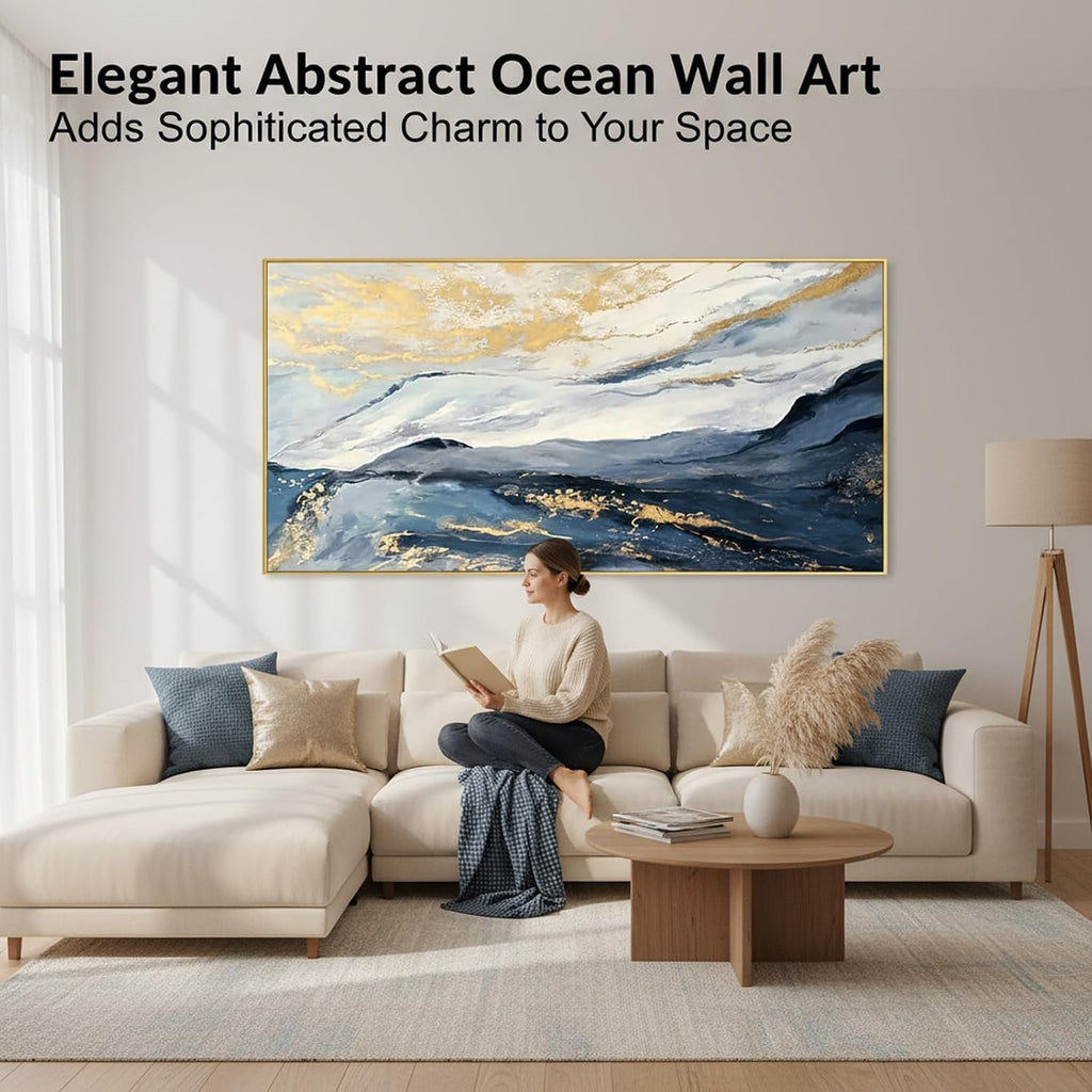 Large Textured Blue & Gold Mountain Framed Wall Art for Living Room, Abstract Landscape Oil Painting with Gold Foil for Bedroom, Modern Luxury Wall Decor for Office, Ready to Hang 28x56 Inches