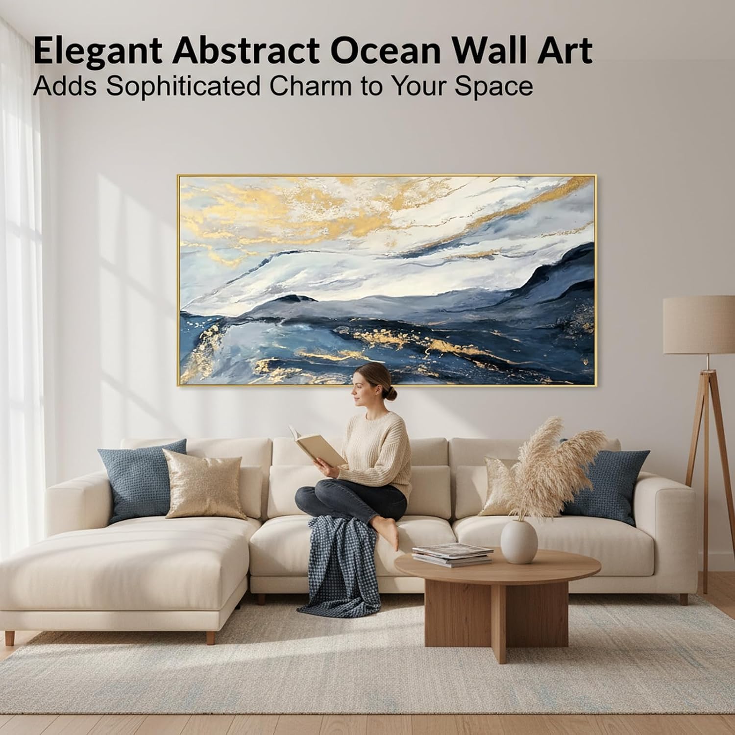 Large Textured Blue & Gold Mountain Framed Wall Art for Living Room, Abstract Landscape Oil Painting with Gold Foil for Bedroom, Modern Luxury Wall Decor for Office, Ready to Hang 28x56 Inches