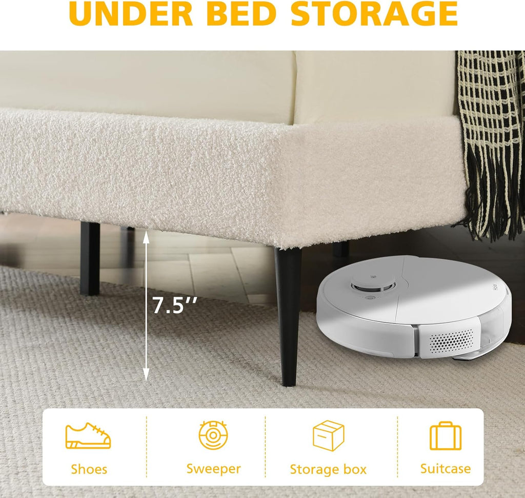 VELOCAVA Upholstered Queen Bed with Seashell Headboard, Soft Boucle Platform Bed with Rounded Corners Design, Wooden Slats Support, No Box Spring Needed, Easy Assembly, Cream White