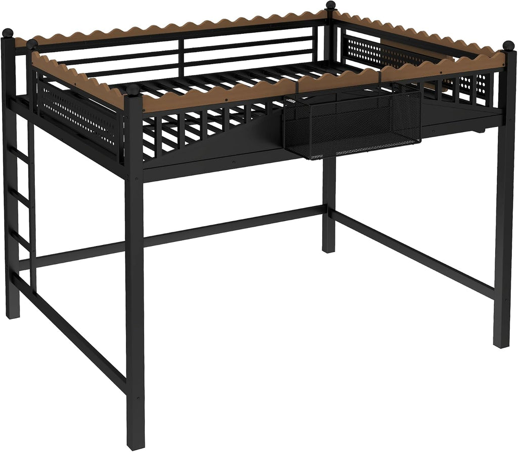 JIVOIT Metal Loft Bed with Built-in Storage Shelves and Bookshelf, Queen Size Metal Loft Bed with Safe Ladder & Guardrail, Space-Saving Loft Bed, No Box Spring Needed and Chic Design