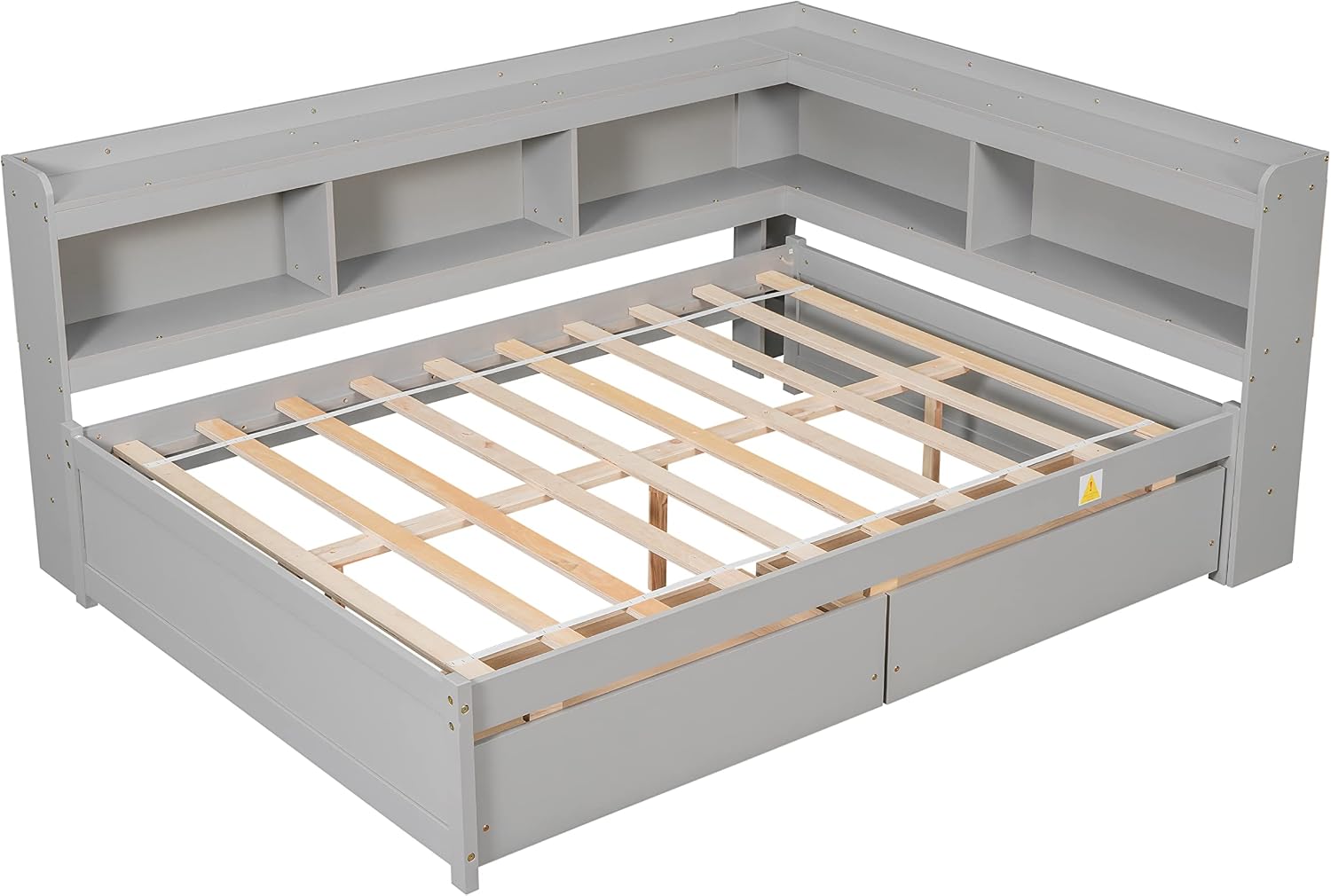 Full Size Platform Bed with L-Shaped Storage Shelfs and Bookcases, Pine Wood Day Bed with 2 Storage Drawers for Office/Living Room/Bedroom, Maximize Space (Gray)