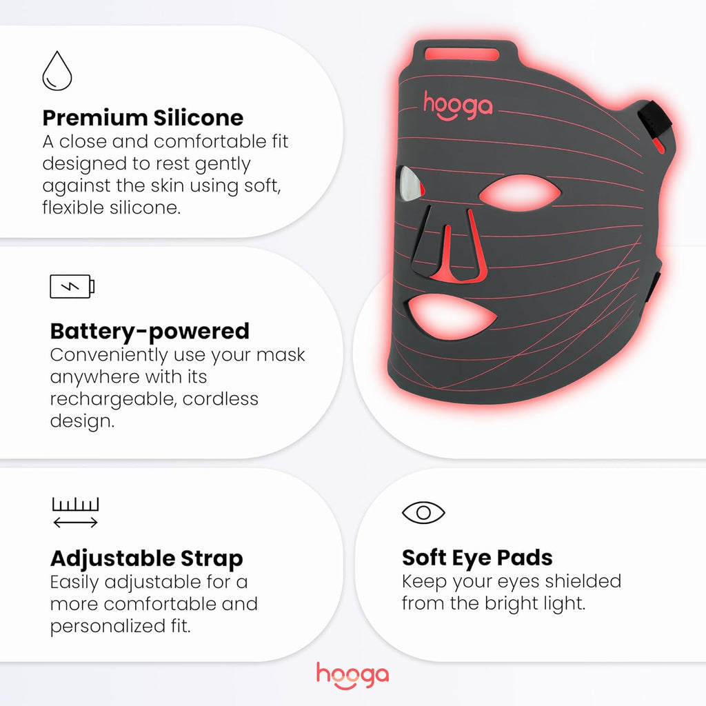 Hooga Red Light Therapy Mask – LED Face Mask, 630nm 660nm Red & 850nm Near Infrared Light Therapy, Tri Chip LEDs, Rechargeable, Adjustable Comfortable Face Mask