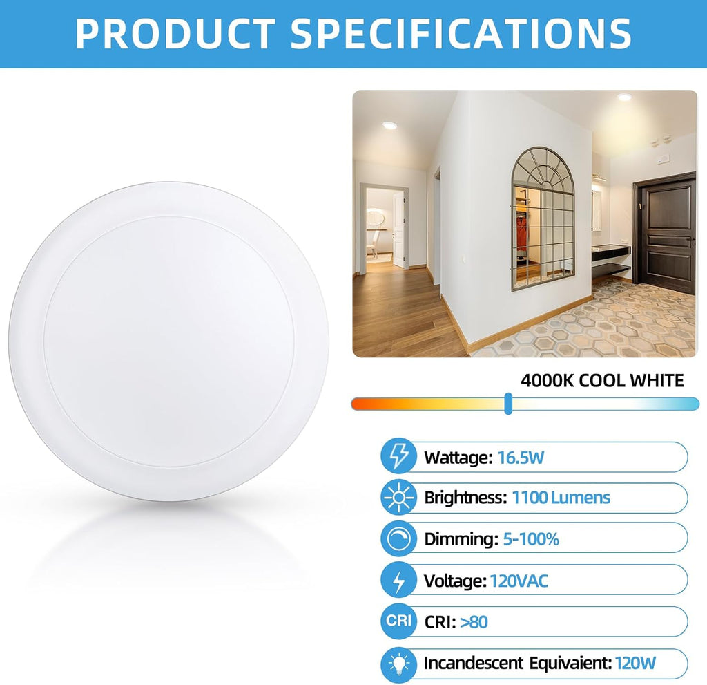 ECOELER 6' LED Disk Lights, Dimmable Flush Mount Ceiling/Recessed Disc Downlight, 16.5W 4000K Cool White 1100Lm, Low Profile Surface Mount Can Light for Closet, Office, Garage, ETL Listed, 24 Pack