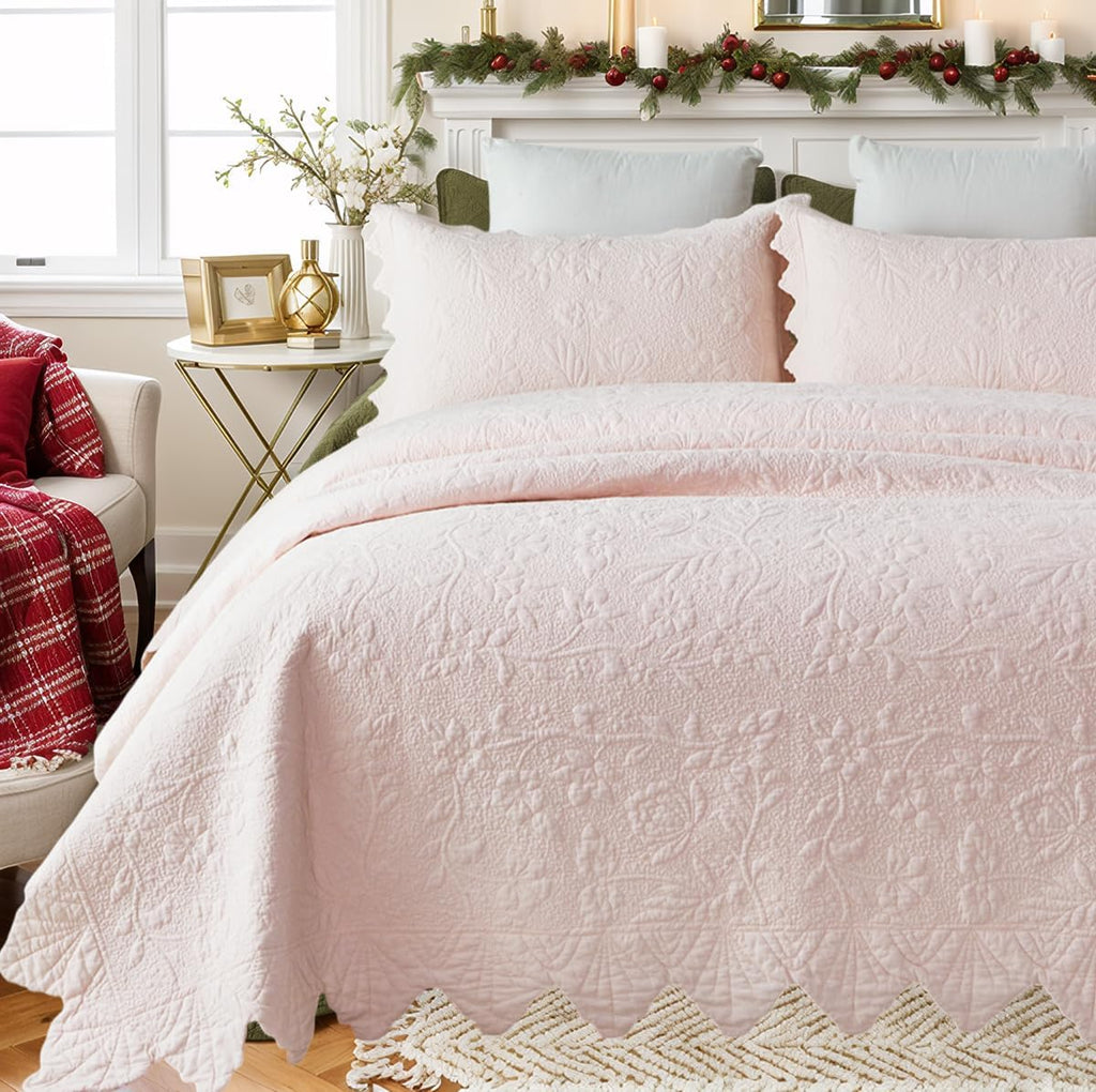 Brandream Queen Size Quilt Set Cotton Pink Quilts Farmhouse Matelasse Coverlet Oversized Bedspread 98x106 with 2 Standard Shams