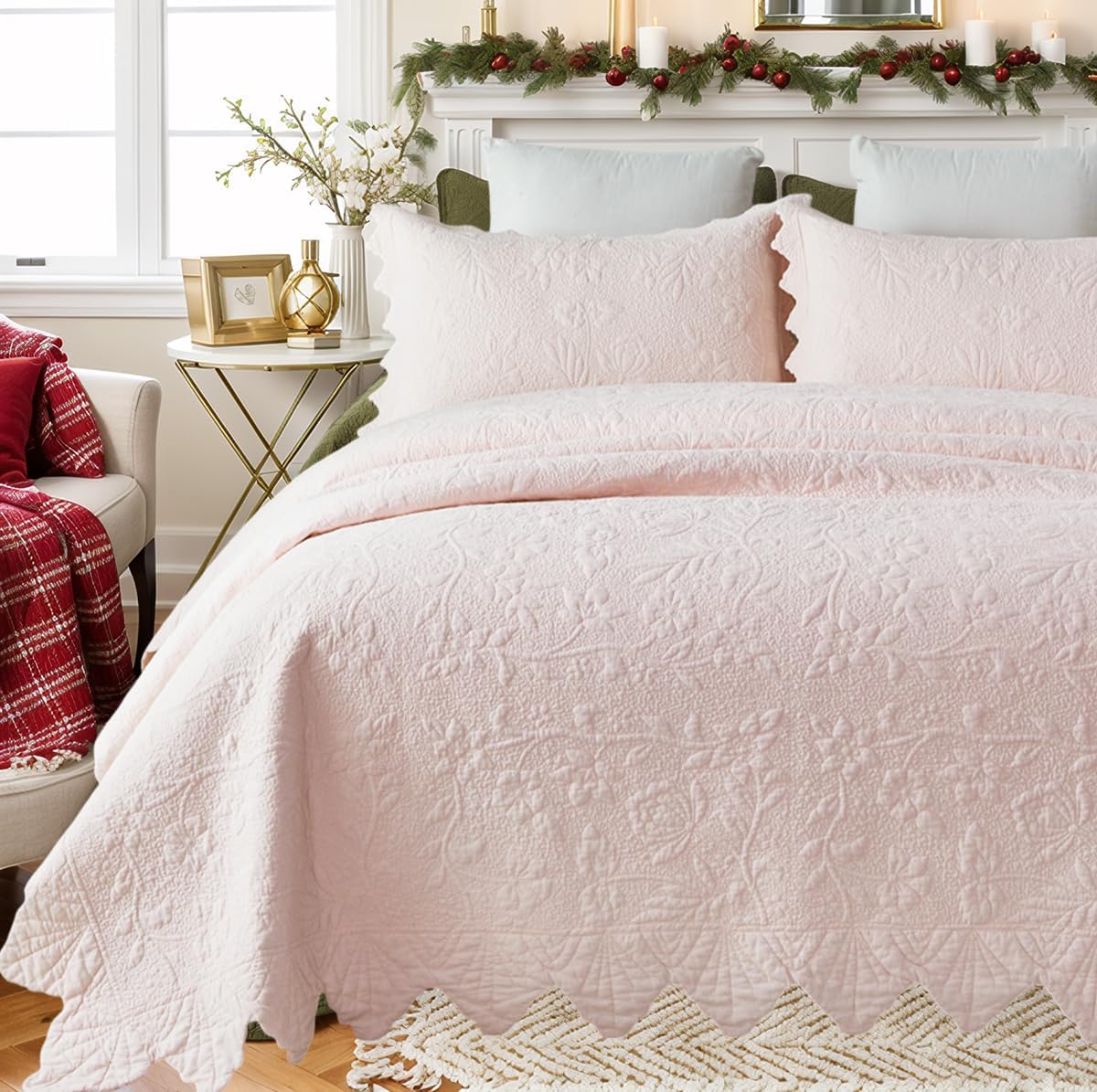 Brandream Queen Size Quilt Set Cotton Pink Quilts Farmhouse Matelasse Coverlet Oversized Bedspread 98x106 with 2 Standard Shams