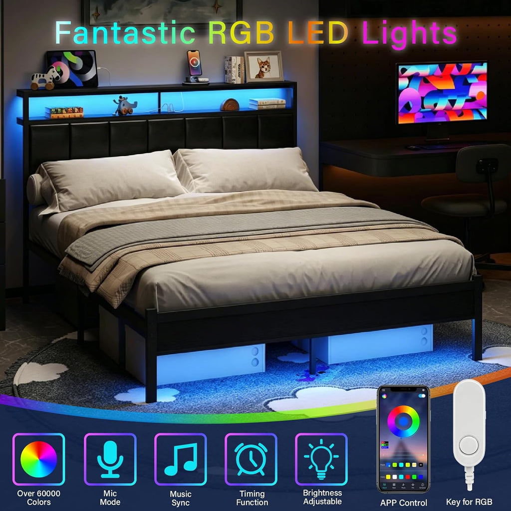 Queen Bed Frames with Charging Station and LED Lights, Black Queen Size Platform Bed with Metal Slats, Upholstered Headboard with 2-Tier Storage Shelves, No Box Spring Needed