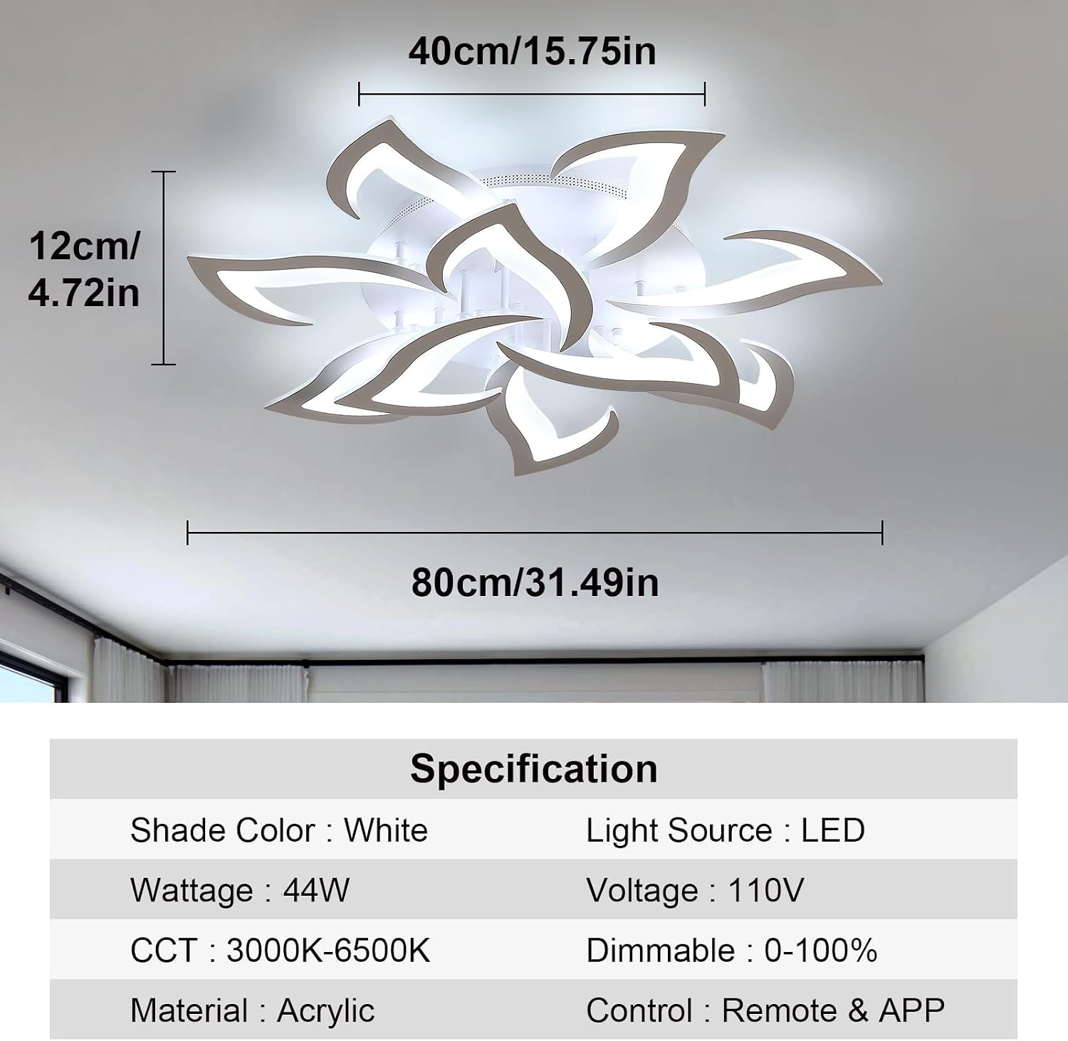Goeco Dimmable Ceiling Light, 10-Petal Flower White LED 3000K-6500K Ceiling Fixture with Remote/App Control, Modern Flush Mount Ceiling Light for Living Room, Bedroom, Dining Room