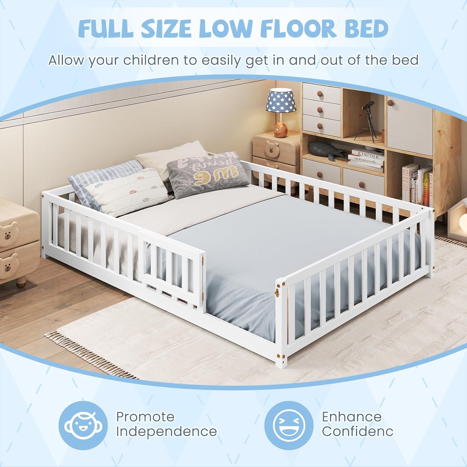 Giantex Full Size Floor Bed for Kids, Low Montessori Bed with Wood Slats & Safety Guardrails, Solid Wood Full Floor Beds with Fence and Door for Kids Boys Girls, White