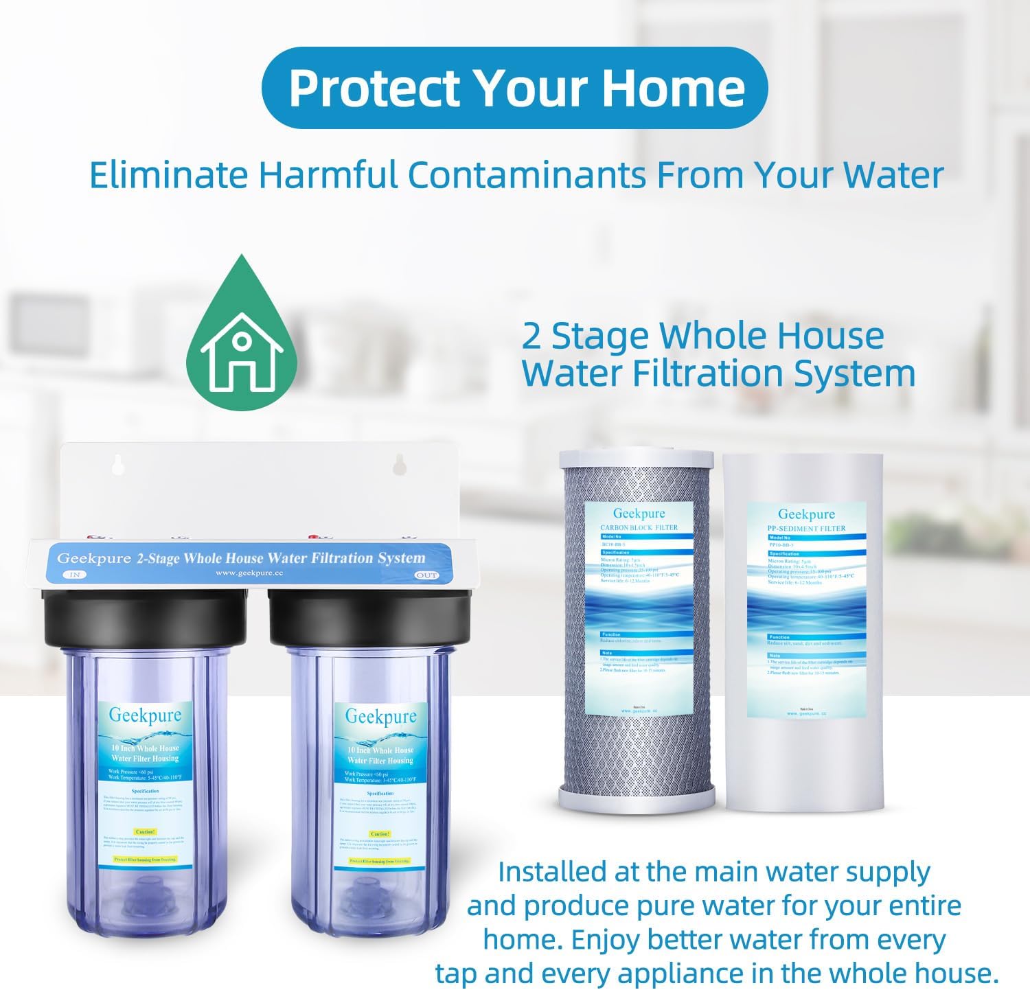 Geekpure 2 Stage Whole House Water Filter System with 10-Inch Big Clear Housing PP and Carbon Filters-1'NPT