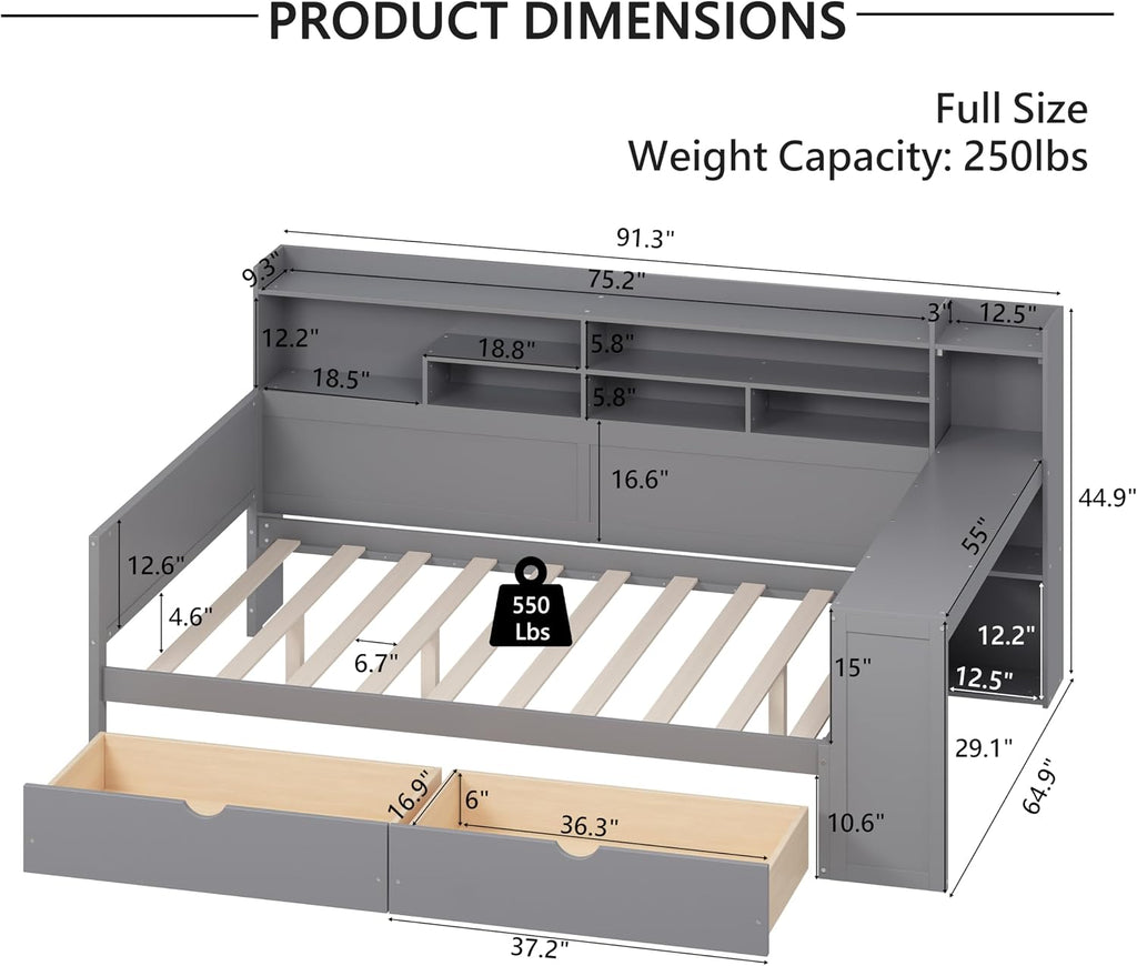 Mirightone Corner Full Bed Frame with Bookcase Storage and Desk, Wood Day Beds with 2 Drawers, Full Size Daybed with Storage for Living Room,Bedroom & Guest Room, Gray
