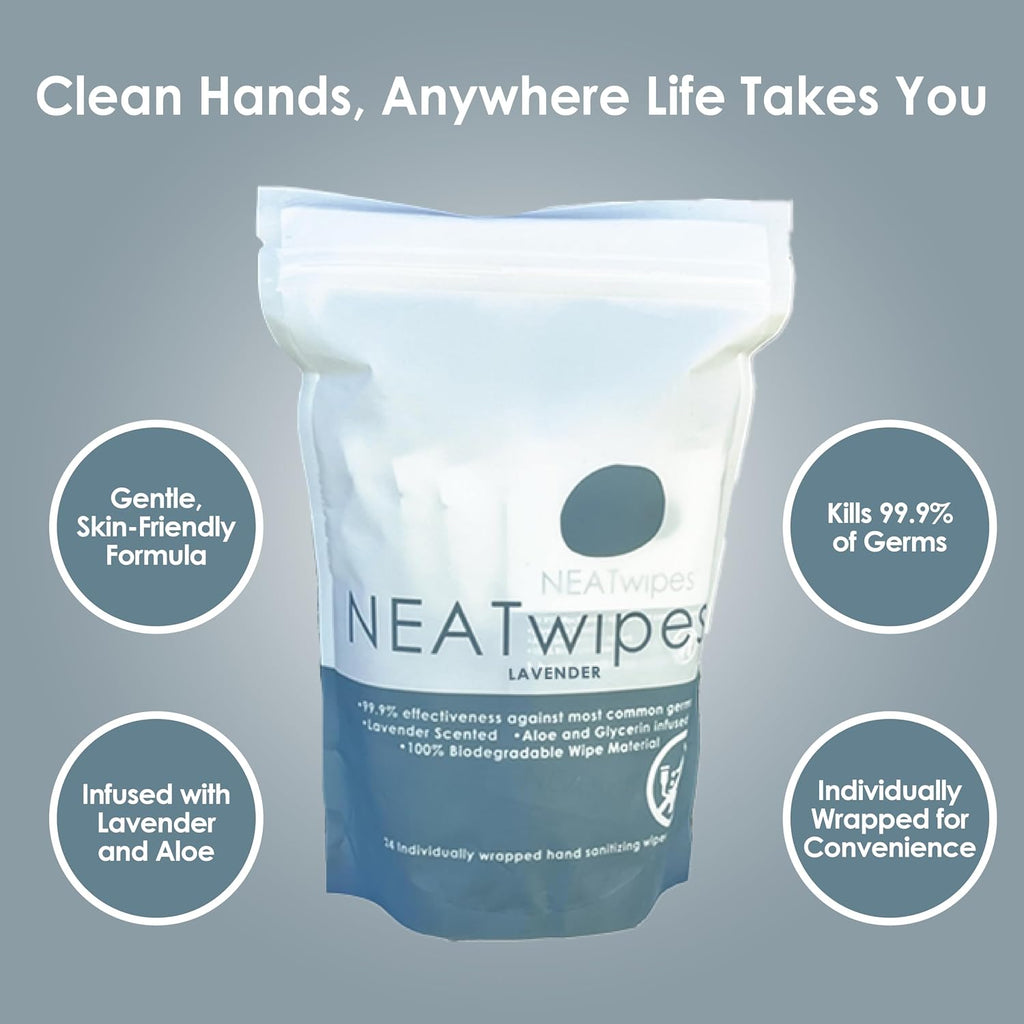 NEATwipes Hand Sanitizing Wipes | Travel Essentials | Disposable Wet Wipe & Planet Friendly | Lavender Essential Oil & Soothing Aloe | 10 Pouches of 24 Individually Wrapped Wipes