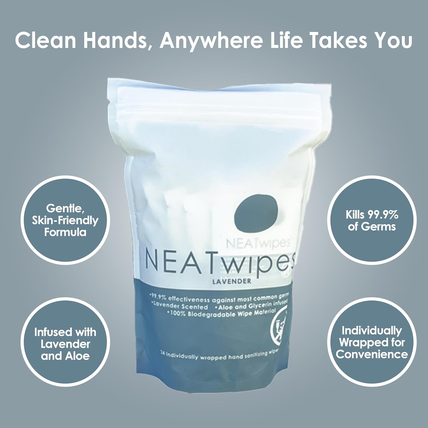 NEATwipes Hand Sanitizing Wipes | Travel Essentials | Disposable Wet Wipe & Planet Friendly | Lavender Essential Oil & Soothing Aloe | 10 Pouches of 24 Individually Wrapped Wipes