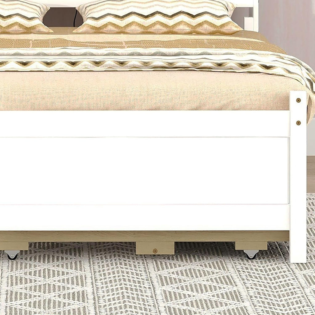KEVINSPACE LED Bed Frame Full Size Captain's Bed Storage Daybed with Trundle Set, USB,Type-C Ports,LED Light Bed, Wooden Platform Bed with 3 Storage Drawers and Bookcase Headboard Bedroom White