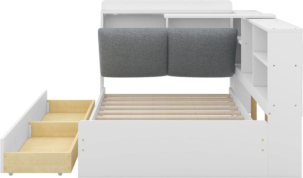 Twin Size Platform Bed with Storage Headboard and Shelves, Wooden Daybed Frame with Side Bookcase and 2 Drawers,Wood Slat Support, Rotatable Storage Board (White-83J)