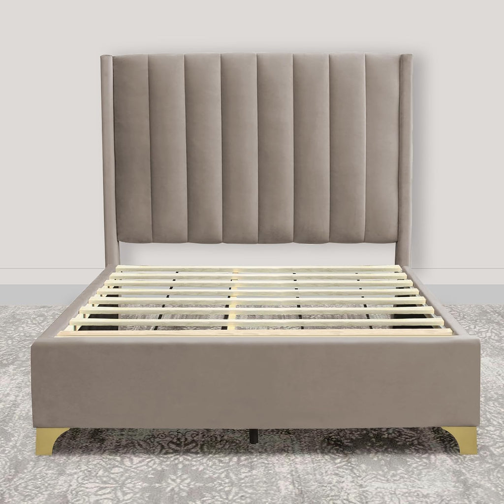 Greaton, Suede Upholstered Bed Frame, Decorative Attractive Headboard, Long Lasting Durable, Includes 3 Color Legs to Choose Gold, Silver and Black, Twin, Taupe