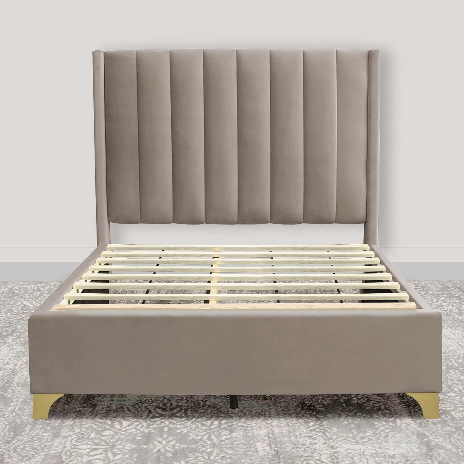 Greaton, Suede Upholstered Bed Frame, Decorative Attractive Headboard, Long Lasting Durable, Includes 3 Color Legs to Choose Gold, Silver and Black, Twin, Taupe