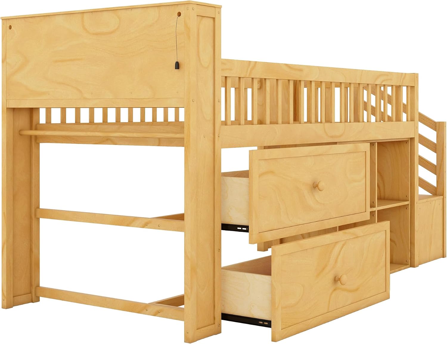 Low Loft Bed with LED Lights and Bookshelf, Wooden Kids Loft Bed with Stairs and Safety Guardrail, Low Loft Bed Twin with 2 Storage Drawers and Shelves for Girls Boys ,No Box Spring Needed, Natural