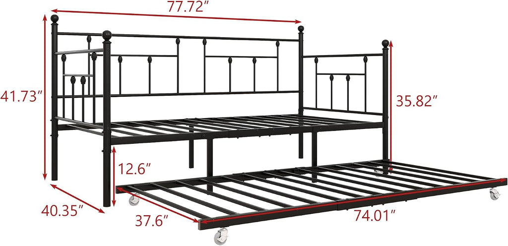 Weehom Twin Daybed with Trundle Set, Twin Size Day Bed Sofa Metal Frame, Daybed and Roll Sofa Bed for Guest Room, Bedroom, Living Room, Black