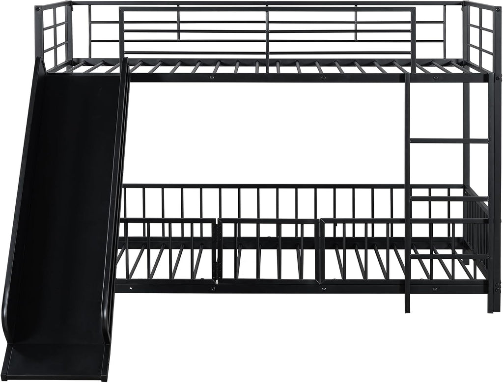 JIVOIT Metal Bunk Bed Frame with Slide and Ladder, Twin Over Twin Size Bunk Bed with Metal Slats Support, Heavy Duty Metal Low Bunk Bed, No Box Spring Needed (Black,Twin,09)