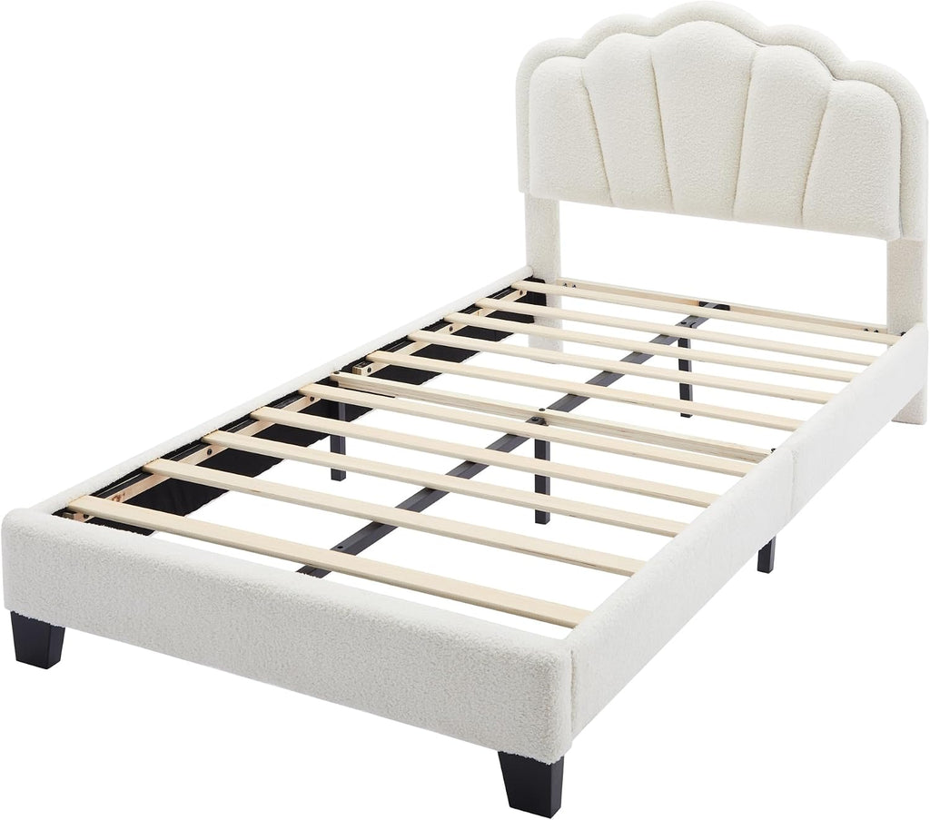 2 Pcs Bedroom Sets Twin Size Flower Shaped Upholstered LED Platform Bed with Storage Ottoman Sherpa Fabric, White