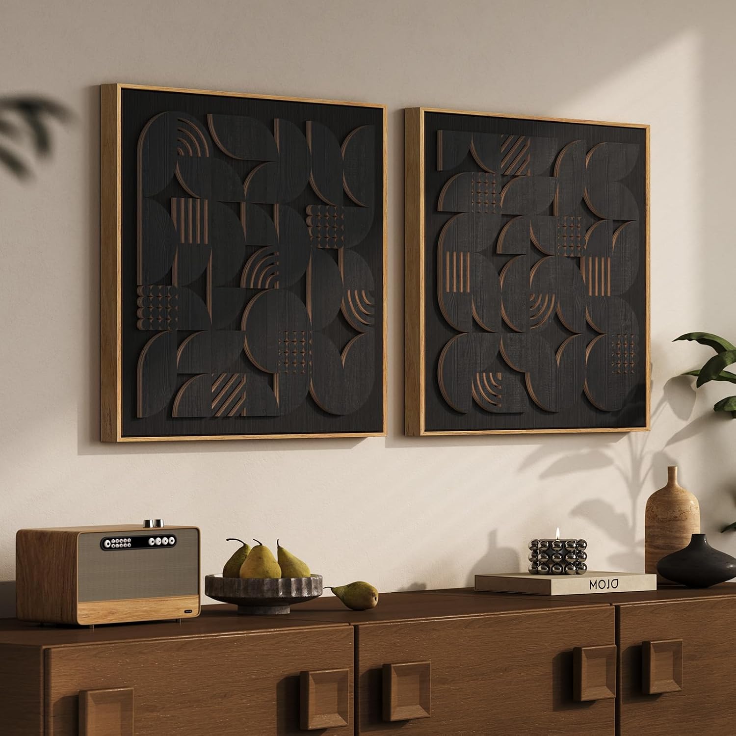Framed Black Wood Wall Art for Living Room, Set of 2 Large Textured Geometric Abstract Artwork for Walls, Modern Minimalist Wooden Wall Decor for Dinning Room, Hallway, Office, Bedroom, 24x24 Inch