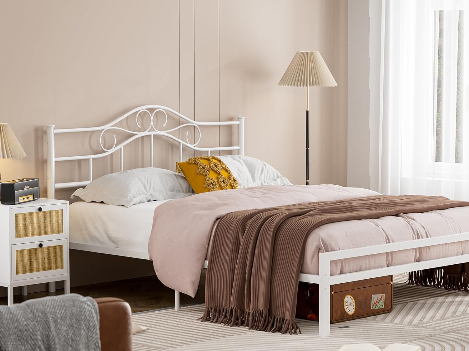 IKIFLY Metal Queen Size Headboard, Adjustable Height, Steel Curved Queen Headboard Only for Bedroom, Farmhouse Scrollwork Design, Attach Frame, Easy Assembly, White
