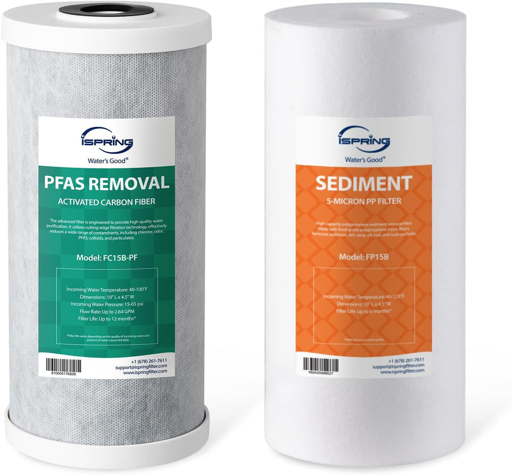 iSpring F2WGB21BPF 2-Stage Whole House Water Filter Replacement Set for WGB21B-PF，Reduces up to 99% PFAS (PFOA/PFOS), 10' x 4.5' Filters, 1' Inlet/Outlet