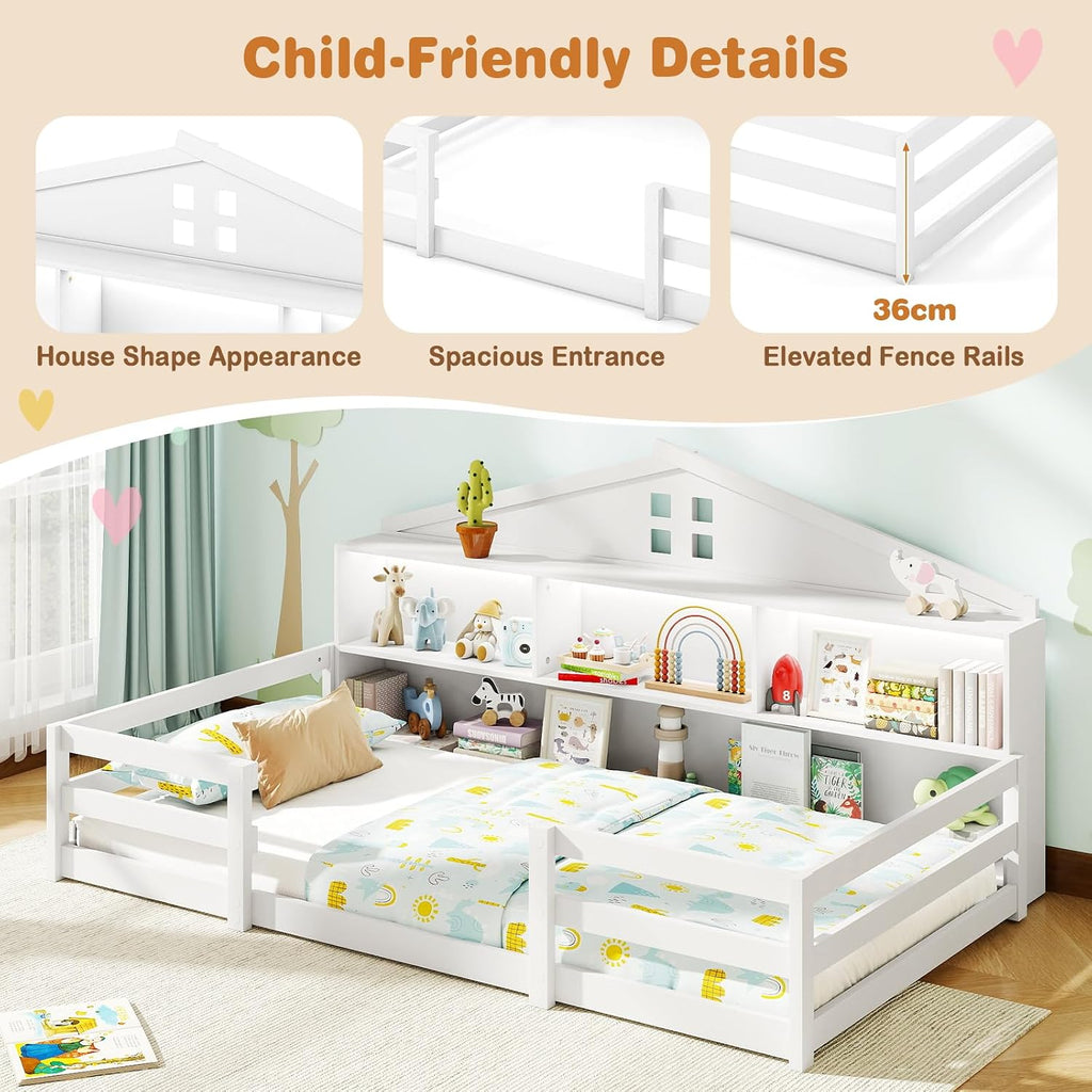 Giantex Twin Size Montessori Floor Bed with LED Lights, 2-in-1 Wooden House Bed Frame with Safety Guardrails, Storage Compartments & Shelf, No Box Spring Needed, Without Slats, White
