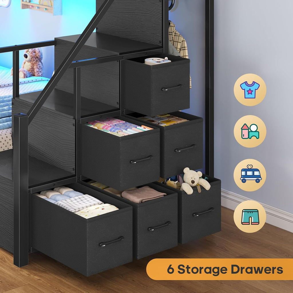BTHFST Bunk Bed Twin Over Twin with Stairs, LED Lights Twin Bunk Bed with 2 Storage Drawers & 6 Fabric Drawers, Metal Twin Loft Beds with Guardrail & Stairs, Space Saving, Sturdy Frame for Teens