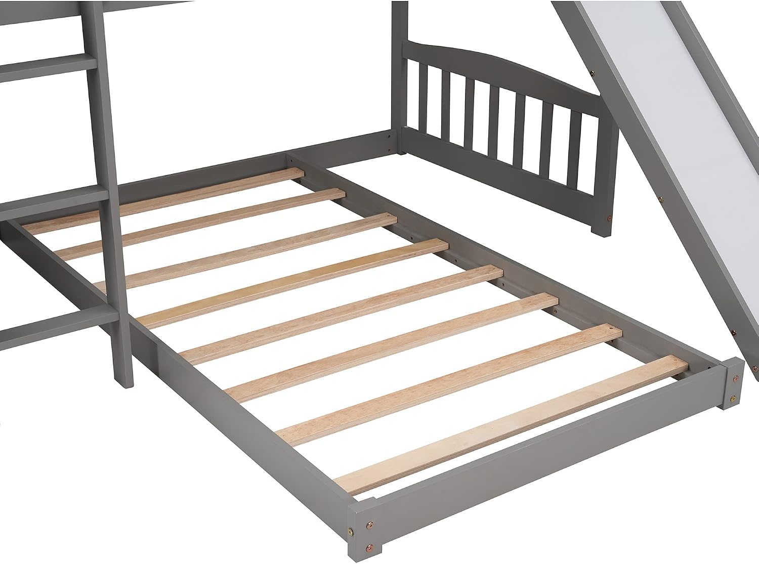 Twin Over Twin Bunk Beds with Slide and Storage Steps, Bunk Bed for Kids Toddlers, Playhouse Farmhouse Roof Guardrail Ladder 2 Drawers, for Girls/Boys, No Spring Box Required (Gray+Storage Steps)