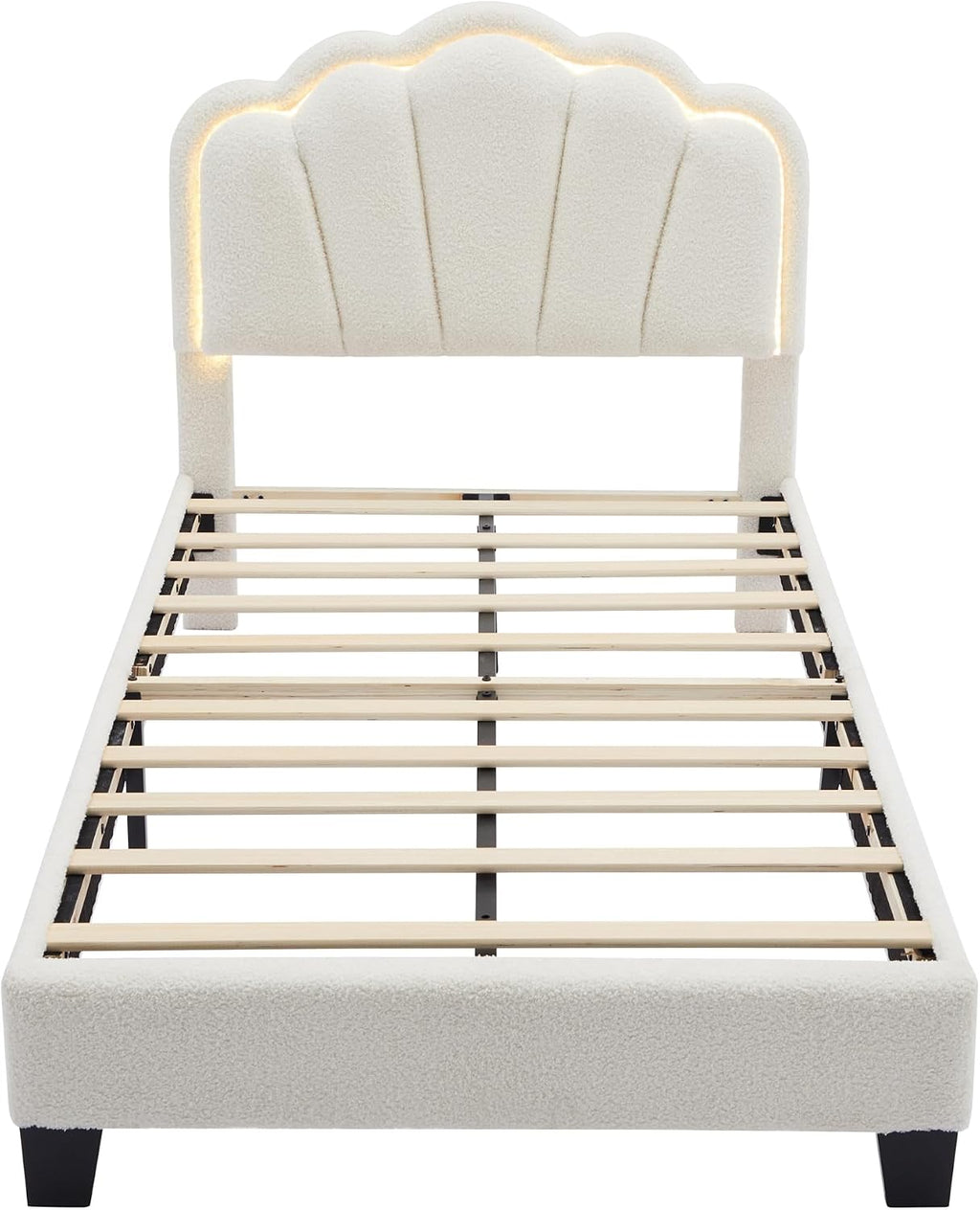 2 Pcs Bedroom Sets Twin Size Flower Shaped Upholstered LED Platform Bed with Storage Ottoman Sherpa Fabric, White