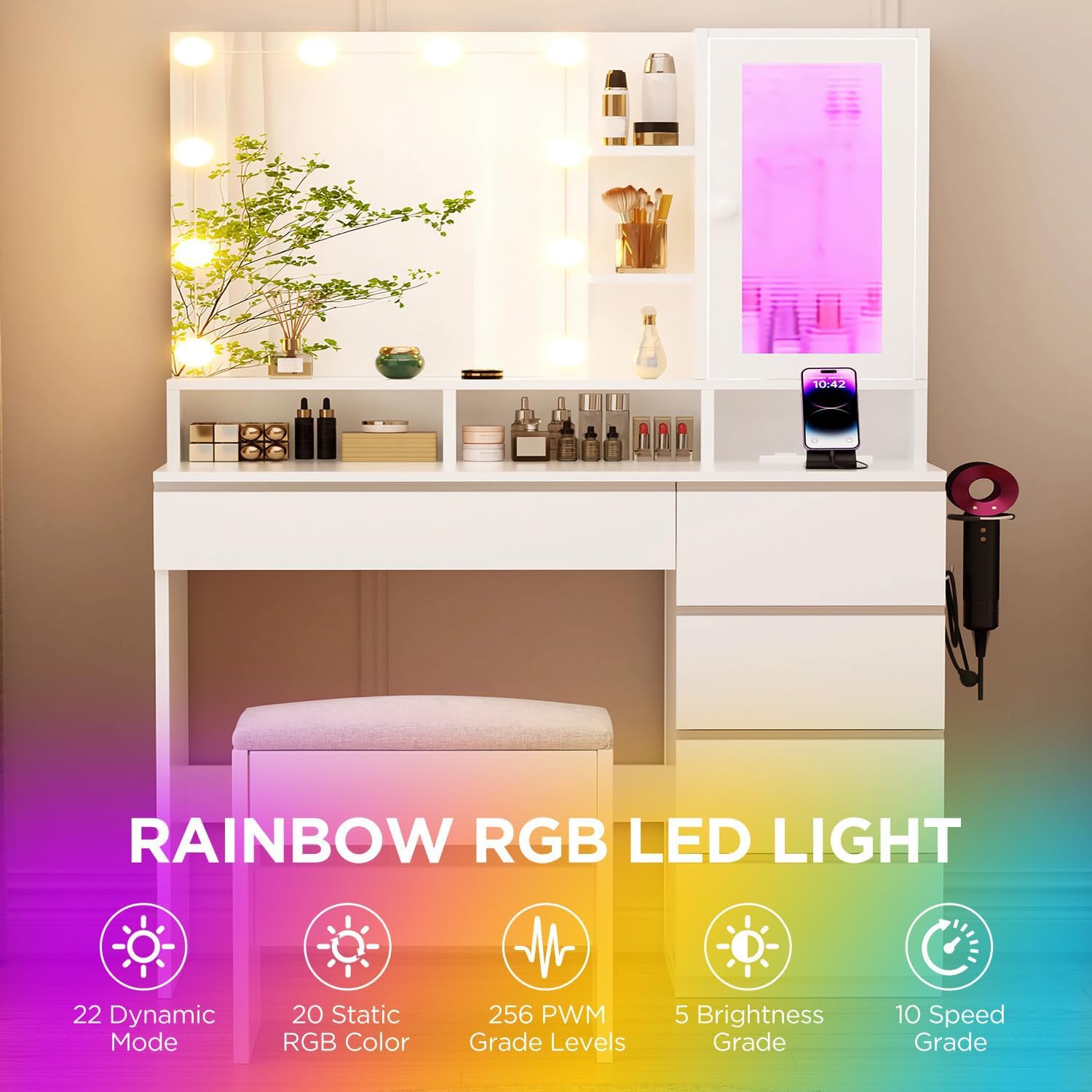 ERLEJIA Vanity Desk with LED Lights Mirror, 35.43' Modern Makeup Table with 6 Storage Drawers & Stool for Ladies and Girls, RGB Light Makeup Desk with Power Outlet for Bedroom Dressing Room, White
