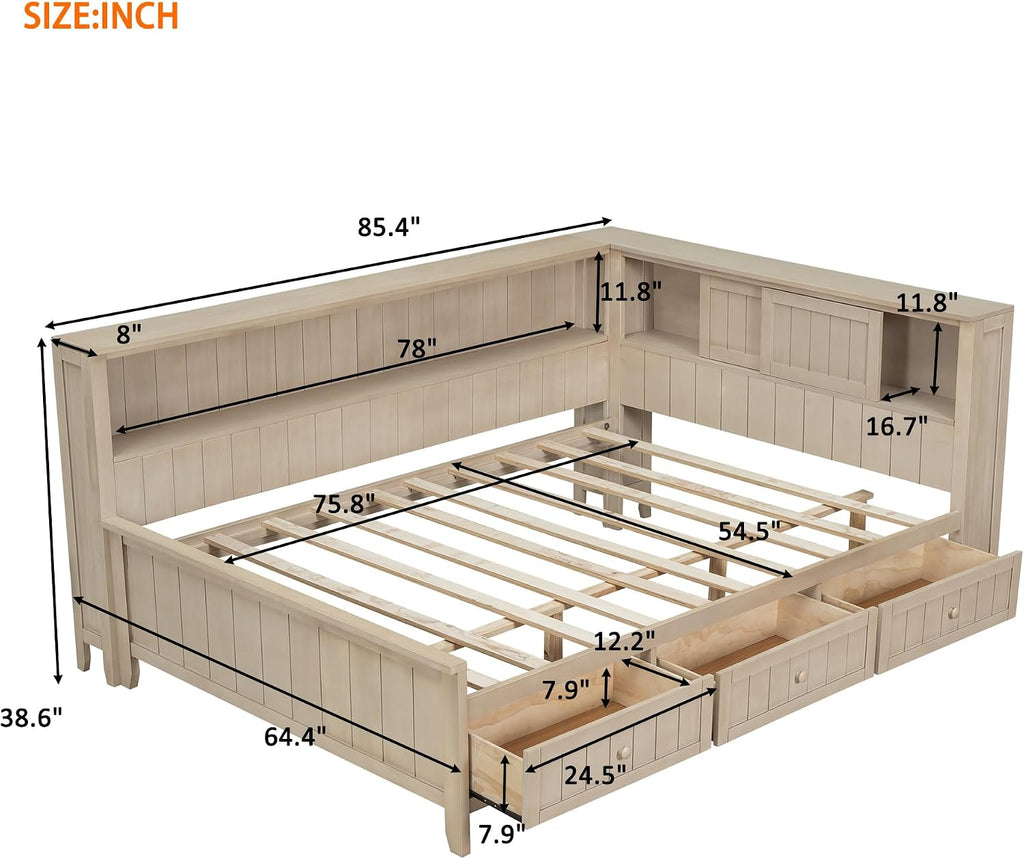 Full Size Lounge Daybed with Storage Shelves and 3 Drawers, Wooden Sofa Bed Frame with Slat Support for Apartment, Bedroom, Guest Room, No Box Spring Required