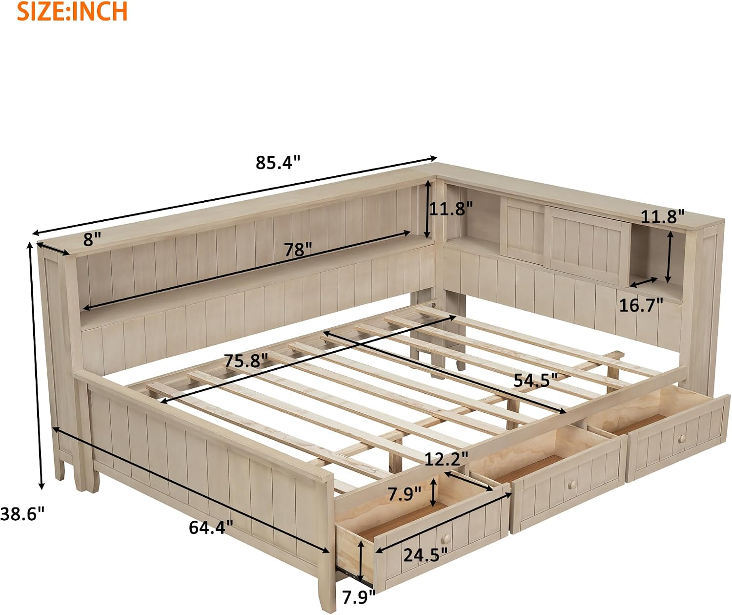 Full Size Lounge Daybed with Storage Shelves and 3 Drawers, Wooden Sofa Bed Frame with Slat Support for Apartment, Bedroom, Guest Room, No Box Spring Required