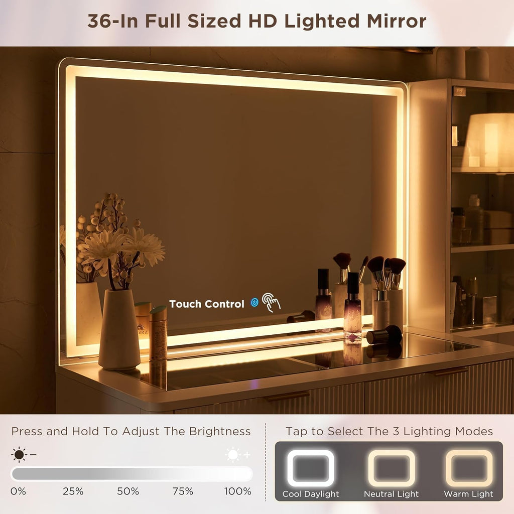 T4TREAM Fluted Makeup Vanity Desk with 36' HD Lighted Mirror, 48' Big Modern Vanity Desk with Mirror and Lights, Dressing Table with 5 Drawers & Shelves, Glass Top for Bedroom (Off White)