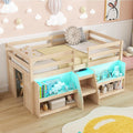KOMFOTT Low Loft Bed with LED Light and 2 Bookcases, Wood Kids Twin Bed with Under-Bed Play Space, Stairs & Guardrails, Modern Loft Bed for Kids, No Box Spring Needed (Natural)