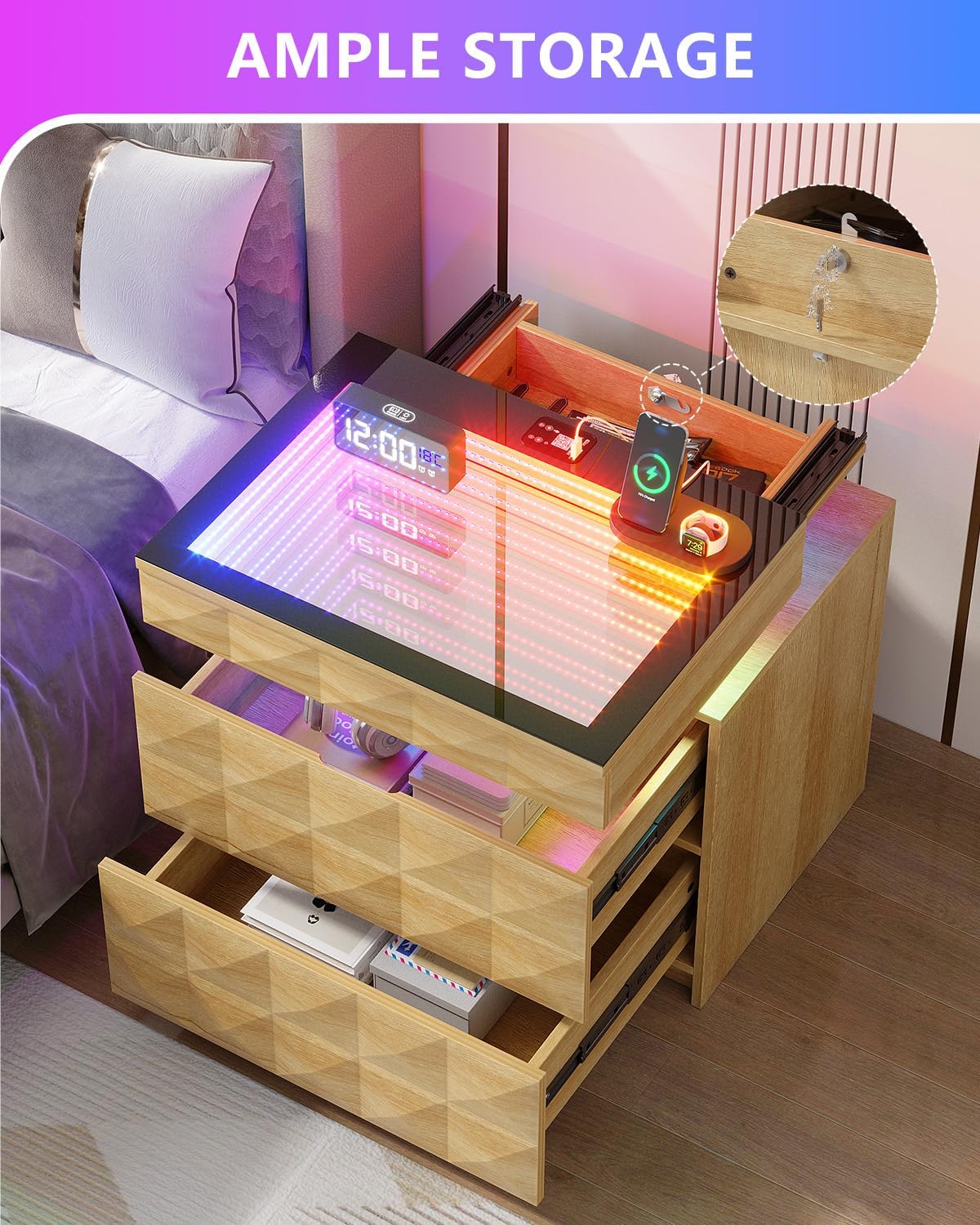 Bedside Table with Charger Station and RGB Lights, Nightstand with 3 Drawers and Sliding Top, Modern Night Stand with Human Body Sensor for Bedroom & Living Room, Wood