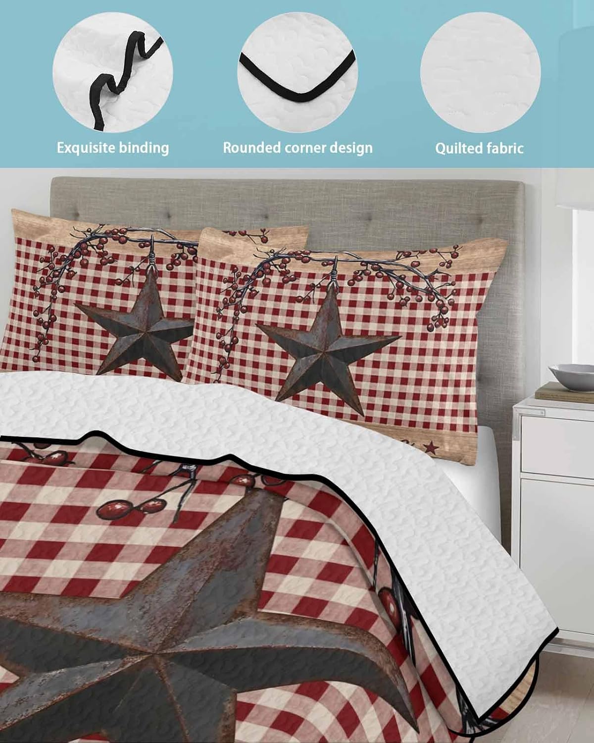 Quilt King Size Bedding Set, Texas Star Farmhouse Lightweight Summer Quilt 3 Pieces Bedding Sets, Rustic Red Plaid Berry Wooden Reversible Soft Bedspreads Coverlets with 2 Pillow Shams for All Season
