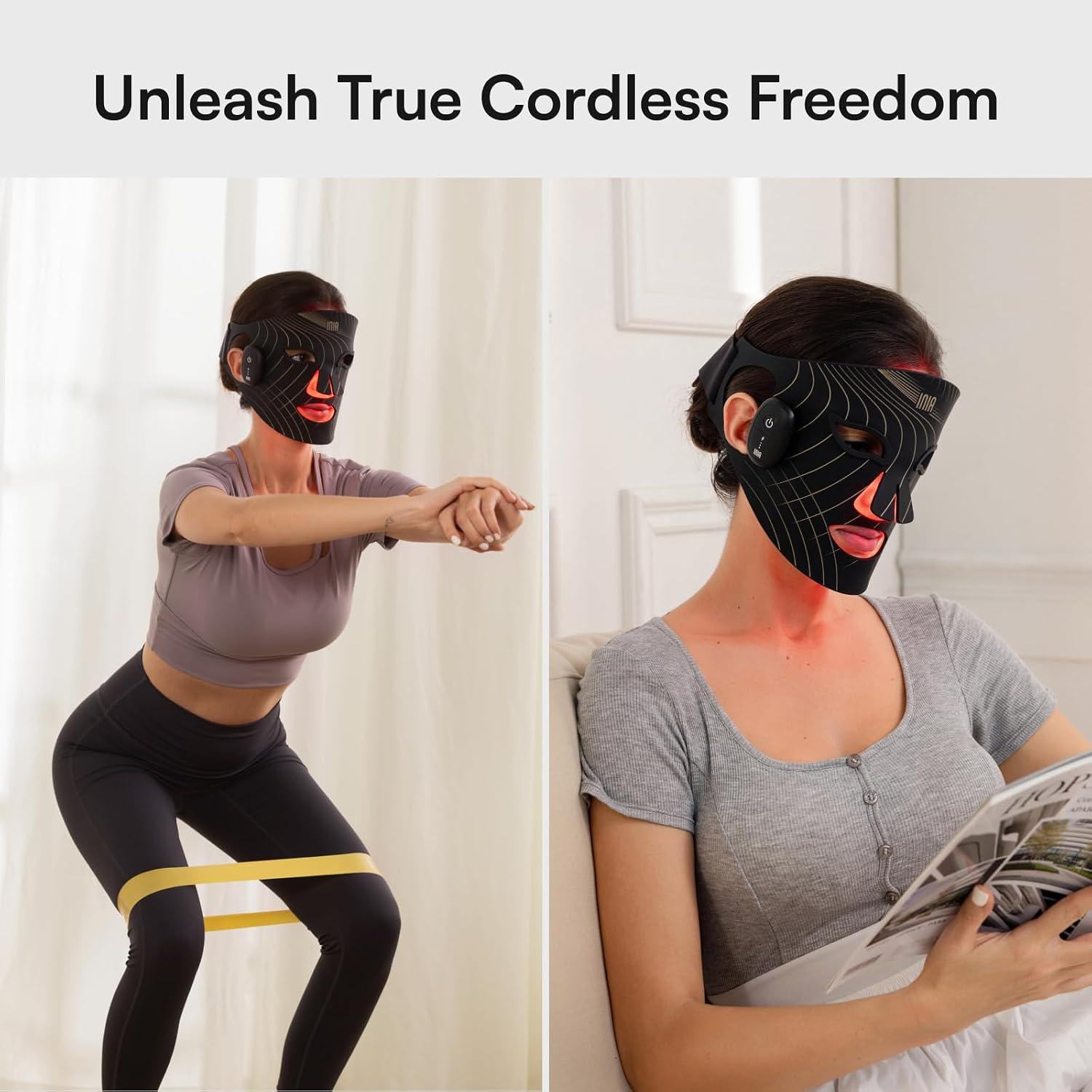 INIA Red Light Therapy Mask for Face, Glow Wireless LED Face Mask Light Therapy with Near-Infrared Red Light (NIR), Rechargeable and Ergonomic Design for Home & Travel