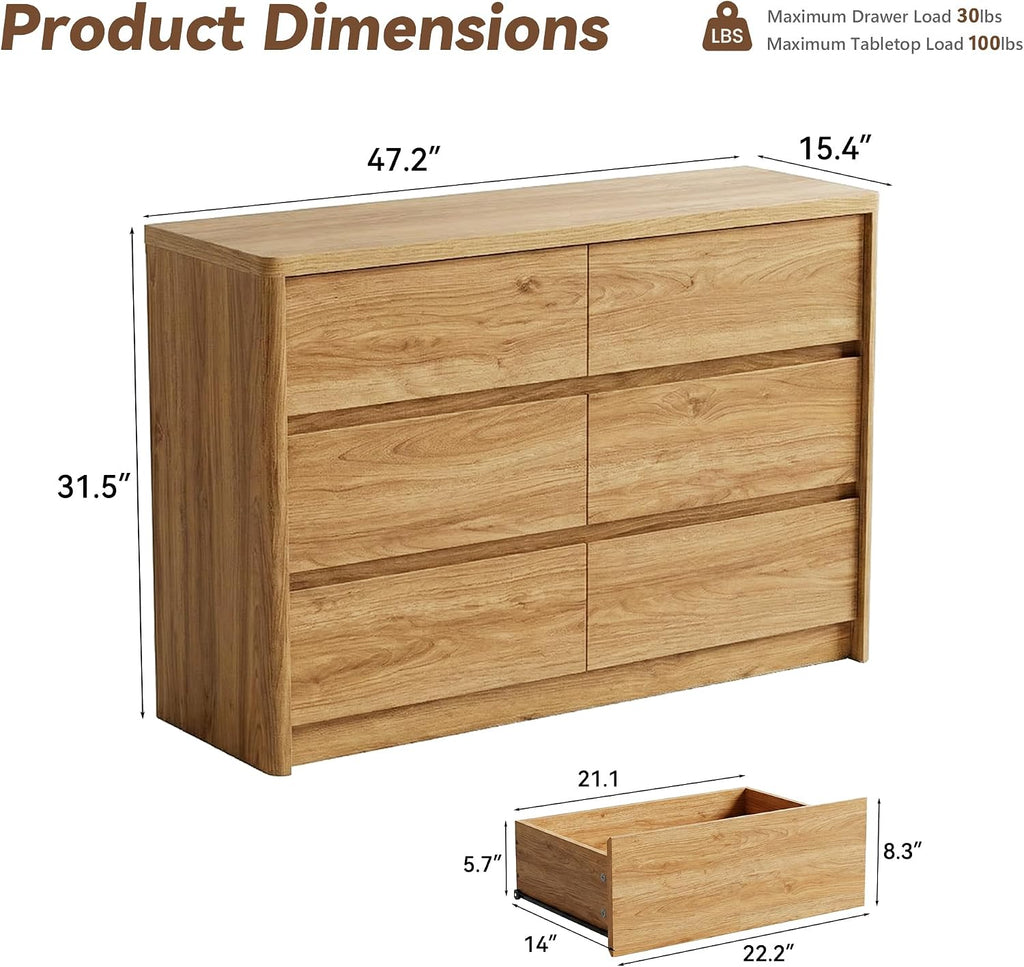 3 Pieces of Dresser and Nightstand Set,47.2' Width 6-Drawer Dresser & 2-Drawer Nightstands Set of 2,Nightstand with USB&Type C Charging Station&Outlets, Modern Design for Bedroom,Natural Oak