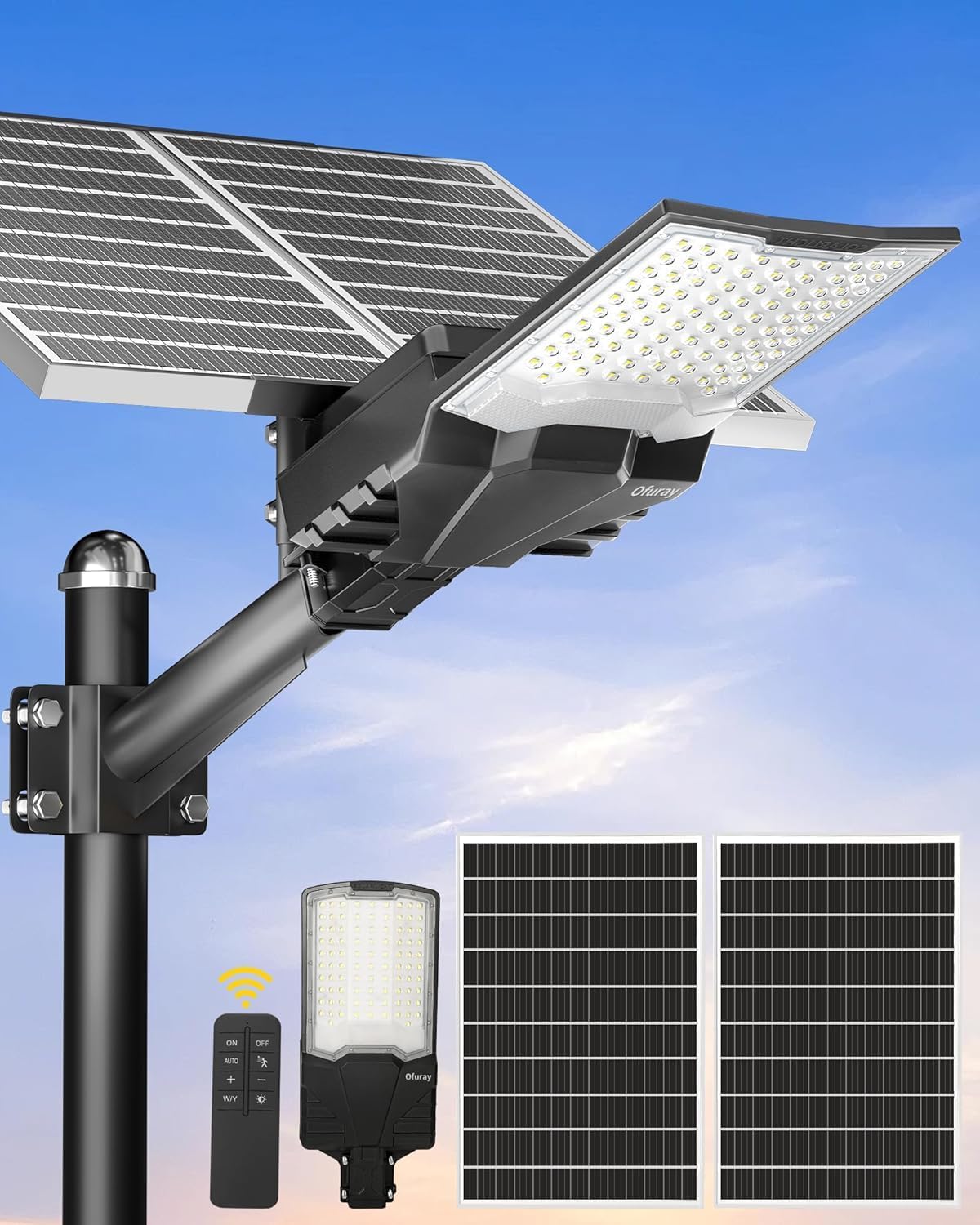 Ofuray OL-10000W Solar Street Lights Outdoor,Ultra High Power Solar Security Flood Lights Parking Lot Lights Commercial Dusk to Dawn,IP67 6500k Led with Remote for Street,Court,Barn