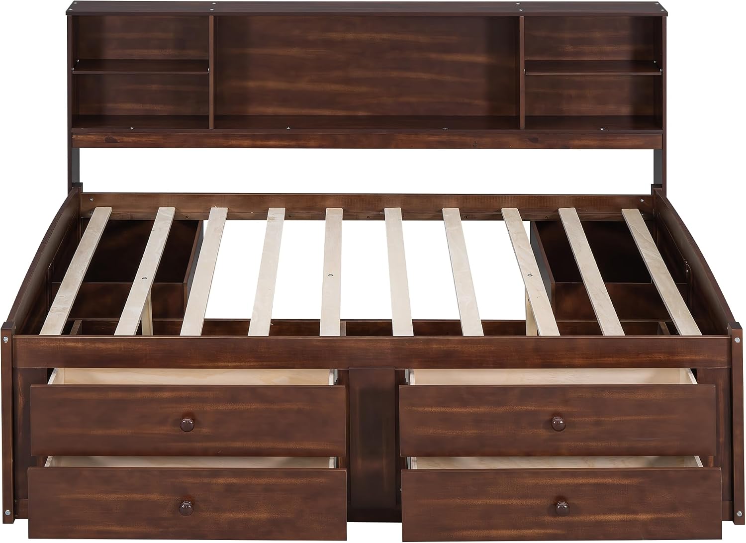 Classic Style Full Size Captain Bed with Built-in Storage Shelves, Wooden Daybed Frame with 4 Drawers and 2 Cabinets, Wood Slats Support for Kids Teens Adults, No Box Spring Needed